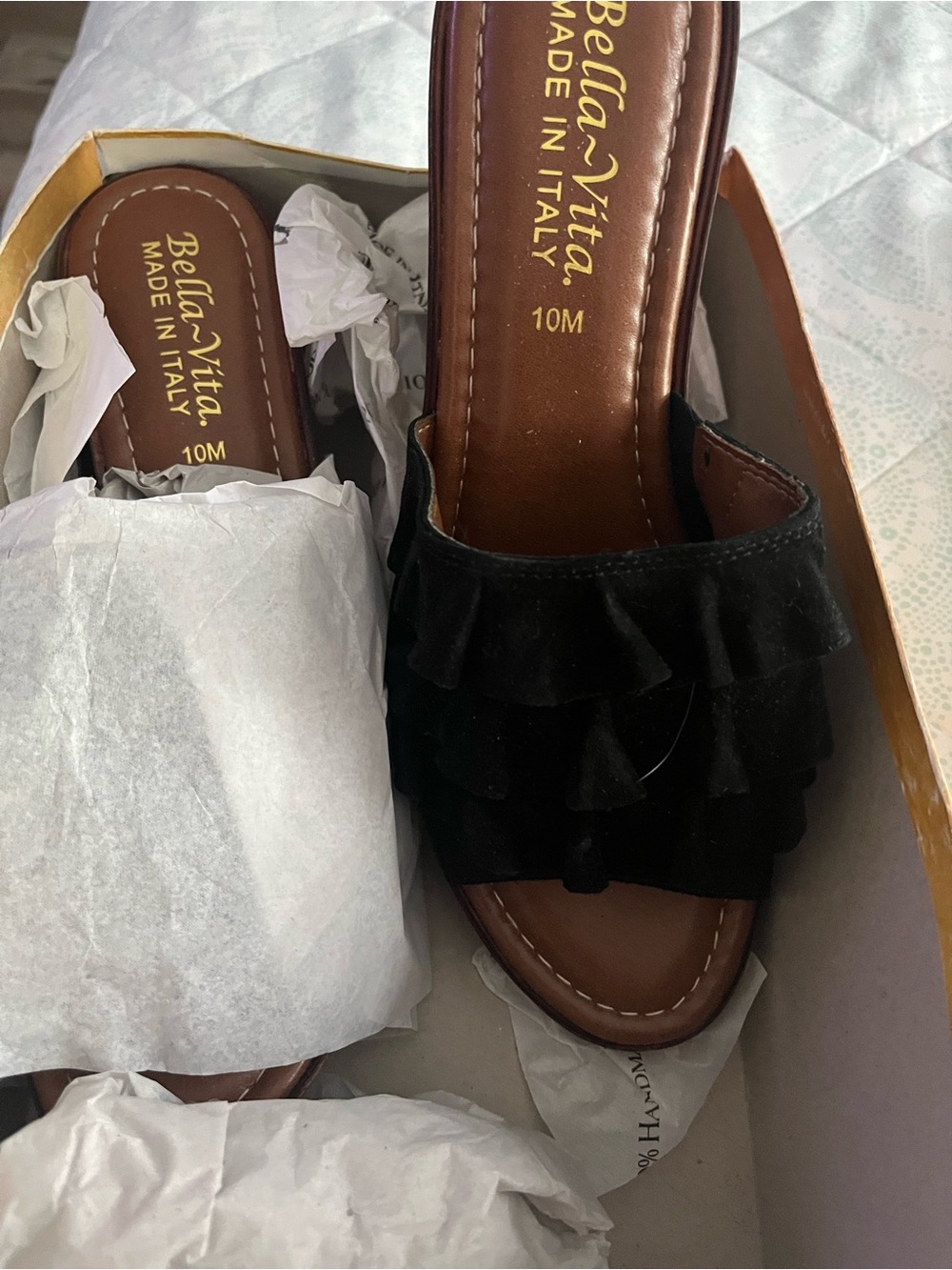 Bella Vita Black Ruffle Mule Slides